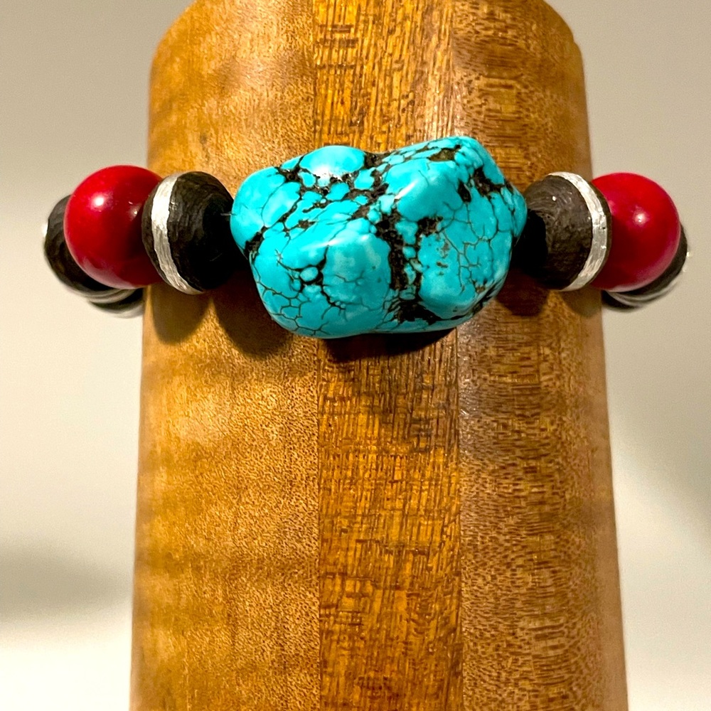 Turquoise, Coral and African Wood Bead Bracelet